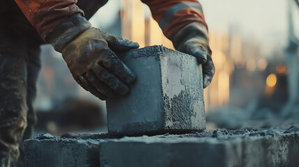 Construction Worker Laying Concrete Blocks