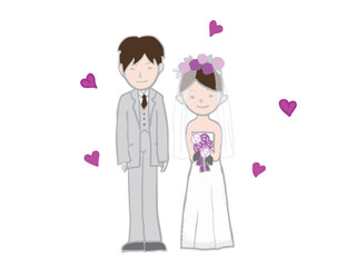 An illustration of a bride and groom standing side by side at a wedding ceremony with hearts around them