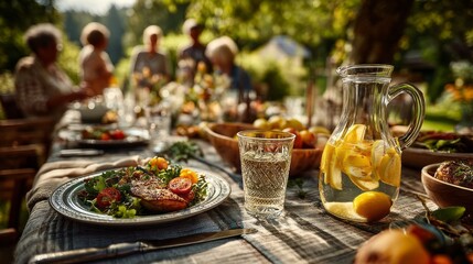 A group of people are sitting at a table with a pitcher of lemonade