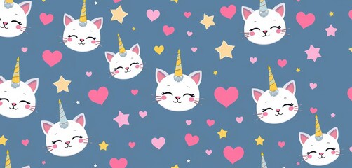 Adorable white cat faces, unicorn horns, stars, hearts, sleep mask, cartoon seamless pattern, sleep mask, playful