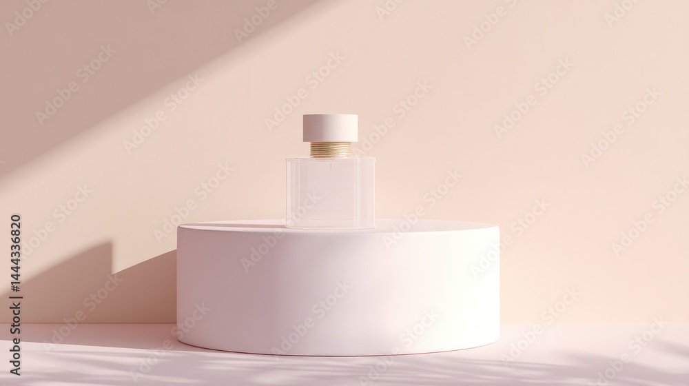 Poster bright minimalistic setting showcasing empty pedestal for perfumes capturing elegance with ample cop