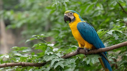Fototapeta premium A striking blue and gold macaw perches gracefully on a branch, its vibrant feathers illuminated in natural light amidst dense green leaves