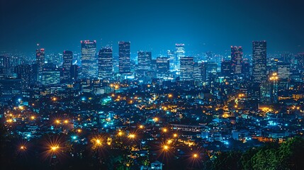 Obraz premium Night cityscape, illuminated skyscrapers and city lights.