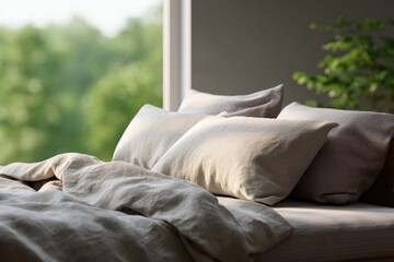 calm and serene bedroom with rumpled linen sheets inviting rest sunlight caressing fabrics gently
