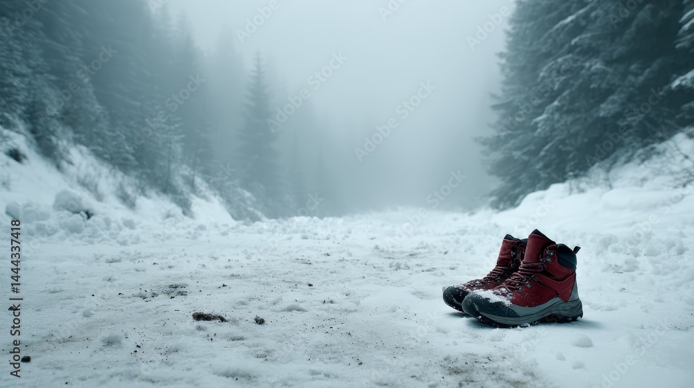 Poster a pair of red boots stand firmly in freshly fallen snow, surrounded by a serene winter landscape wit