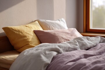calm and serene bedroom with rumpled linen sheets inviting rest sunlight caressing fabrics gently