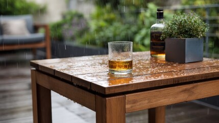 A half-filled glass sits on a wet wooden patio table while rain falls gently, surrounded by blurred greenery, creating a peaceful outdoor atmosphere