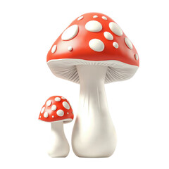 Two fly agaric mushrooms with red caps and white spots on white backdrop