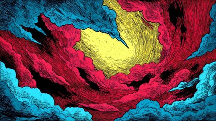 Colorful Clouds Illustration in Red Blue and Yellow with Swirling Pattern