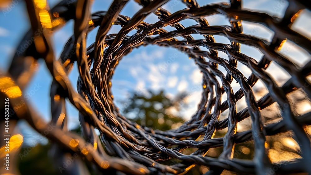 Poster a close-up view of a twisted, metallic wire structure with a blurred sky and foliage in the backgrou