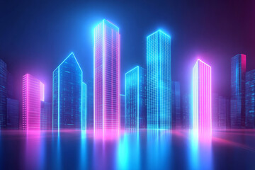 Fototapeta premium vibrant cityscape featuring glowing neon blue and pink skyscrapers, creating futuristic atmosphere. illuminated buildings reflect on ground, enhancing dynamic urban scene