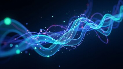 Abstract digital art of glowing lines and particles with a dark blue background