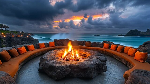 Oceanfront Bonfire: Tranquil Sunset Gathering