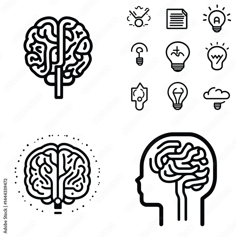 Aufkleber brain and idea icons set. abstract mental line art collection on transparent background