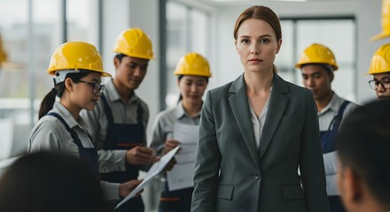 Confident Female Leader Overseeing a Team of Construction Workers Project Management and Teamwork in the Building Industry