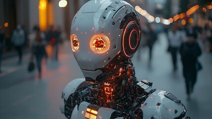 Fototapeta premium Futuristic robot navigating a city street.