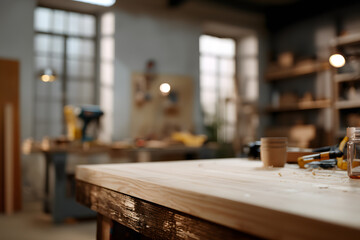 Wooden Workbench with Sawdust in Workshop