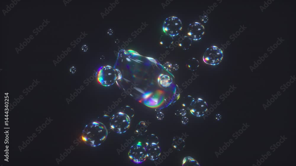 Poster metaball liquid transparent iridescent blobs. 3d rendering abstract multicolor moving flow bubbles. 