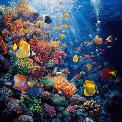 Fototapeta premium Vibrant coral reef teeming with fish, sunlight beams, ocean background; ideal for marine life documentaries