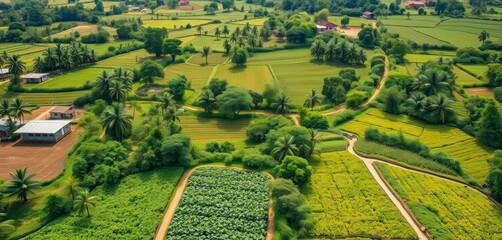 Aerial view of lush organic farm in a Brazilian quilombola community, diverse crops thriving, land, growth