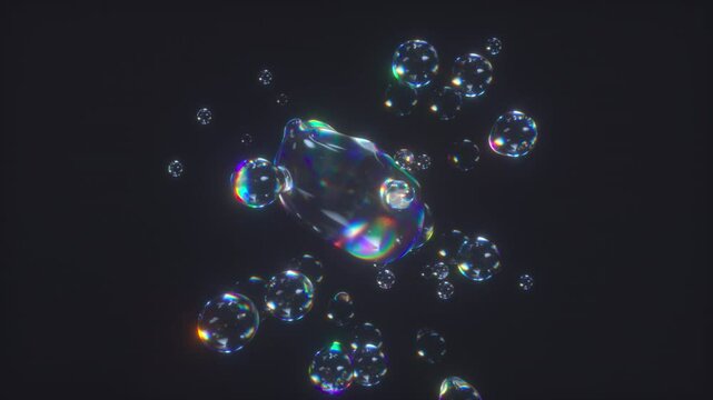 Metaball liquid transparent iridescent blobs. 3D rendering abstract multicolor moving flow bubbles. 4K looped animation.