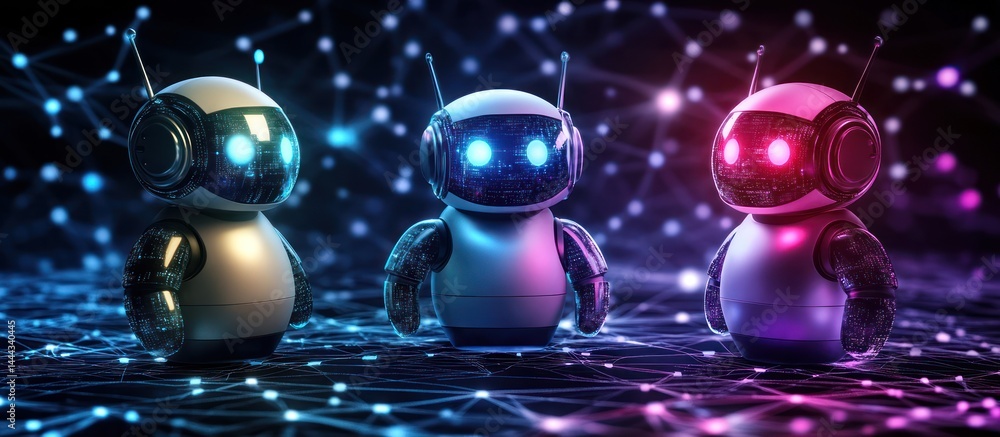 Poster cute robots in network background. possible stock photo use