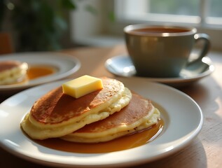 Pancakes with Butter, Syrup, and Coffee - Classic Brunch