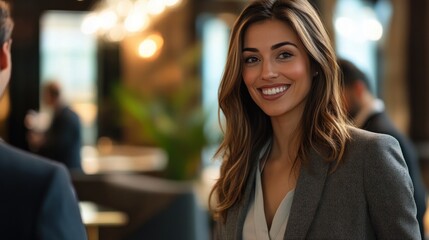 Fototapeta premium Professional woman smiling in modern office setting