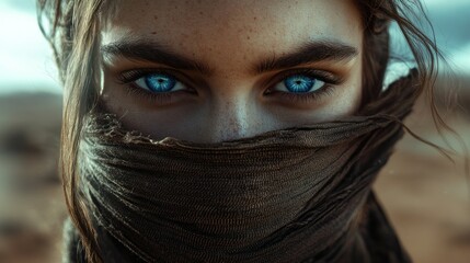 Fototapeta premium Portrait of a beautiful wandering woman with blue eyes, a scarf on her face in the desert background wallpaper AI generated image