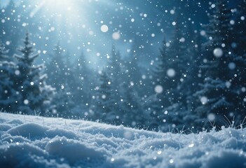 Winter wonderland with falling snow, glowing light rays, and a serene, frosty atmosphere.