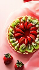 Tart background, fruit tart with glazed strawberries and kiwi, floating on a soft gradient backdrop, food photo, mouth-watering food