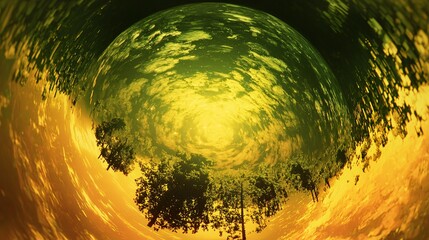 A tree framed perfectly by a circular hole surrounded by a mesmerizing cosmic aurora storm in a beautiful high-key lighting fisheye view