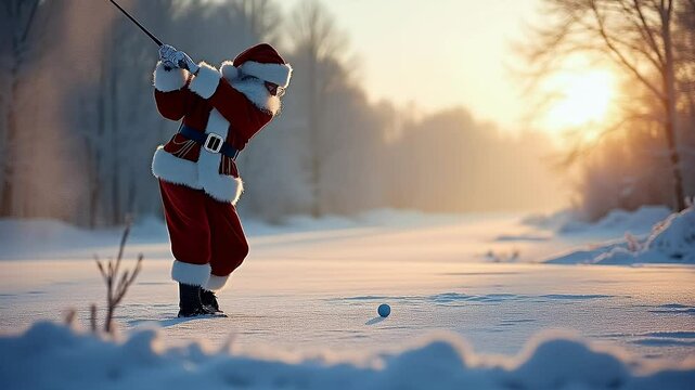 Festive Figure Dressed in Traditional Red Holiday Attire Playing Golf on a Frosty Winter Course in a European Country