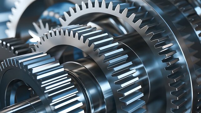 Close-up of gears and mechanical parts showcasing precision engineering and industrial machinery. Ideal for themes related to mechanics, technology, industry, and engineering.