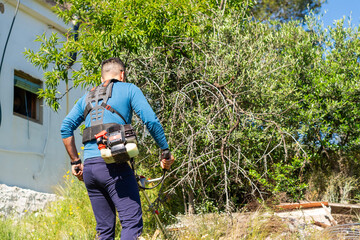 Gardener using brush cutter, cutting weeds and tall grass in garden © pacoocimage