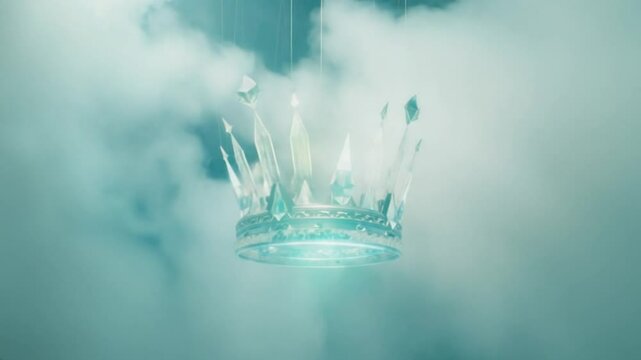  A crown made of light and crystal spinning slowly in a mystical glowing fog, elegant dreamscape style, surreal environment, in motion 