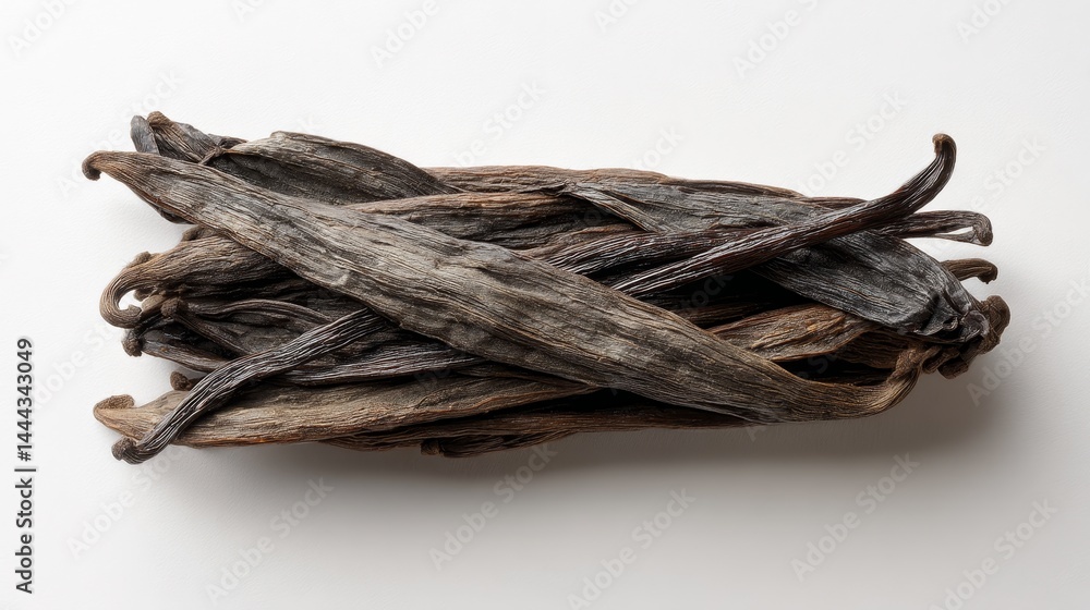 Poster dried brown vanilla pods are loosely stacked to highlight their unique textures against a smooth whi