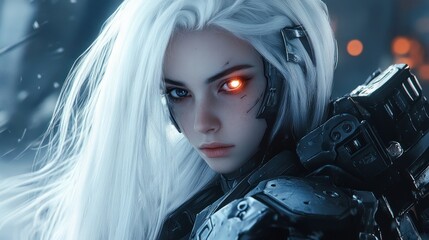 An anime-style woman with white hair wearing a dress and glowing cybernetic eyes, background wallpaper AI generated image