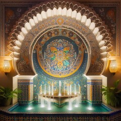 Obraz premium Moroccan zellige tile fountain pulses colored light synced to si