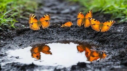 Fototapeta premium Four Butterflies Drinking from a Puddle on a Muddy Path