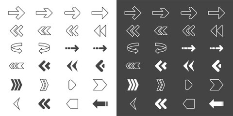 Fototapeta premium Arrow icons vector set on white and black background. Arrows big black set icons, arrow icon, modern simple arrows, arrow vector collection cursor