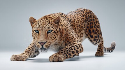 Fototapeta premium Crouched leopard highlights its striking features with bold colors and textures, creating a captivating visual ideal for animal illustrations with ample copy space