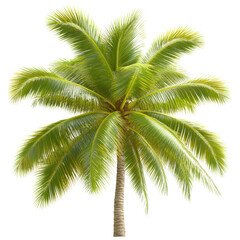 Tall lush green palm tree with large fronds and textured trunk isolated on white background for tropical landscape and resort decoration