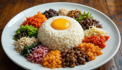 bibimbap reimagined in high-end plating: rice dome in center with artful color wheel of toppings on large flat white plate, top-down 8K clarity
