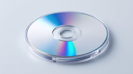 single cd lies on white surface its metallic surface reflecting minimal details leaving ample copy space
