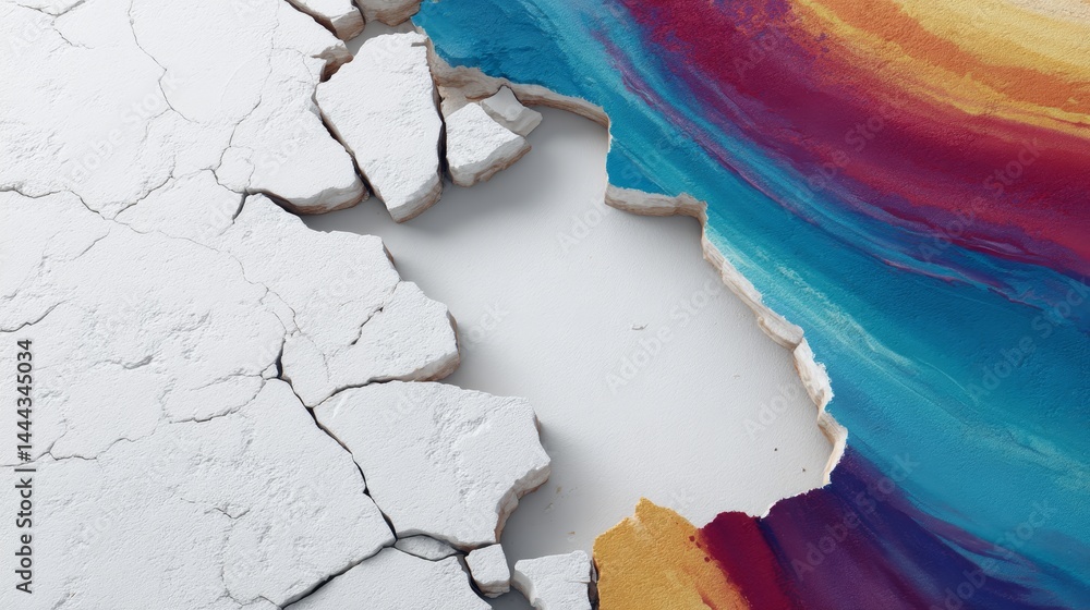 Poster close-up view of vibrant 3d graffiti displaying colorful, swirling patterns on a cracked white plast