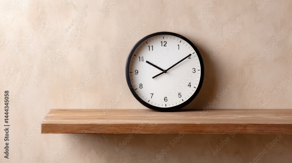 Poster a modern wall clock with a sleek black frame and white face rests on a rustic oak shelf, adding a co