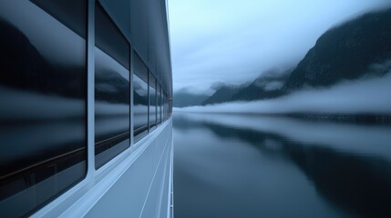 Fototapeta premium Misty mountain fjord cruise, calm waters. Reflective windows on a ship
