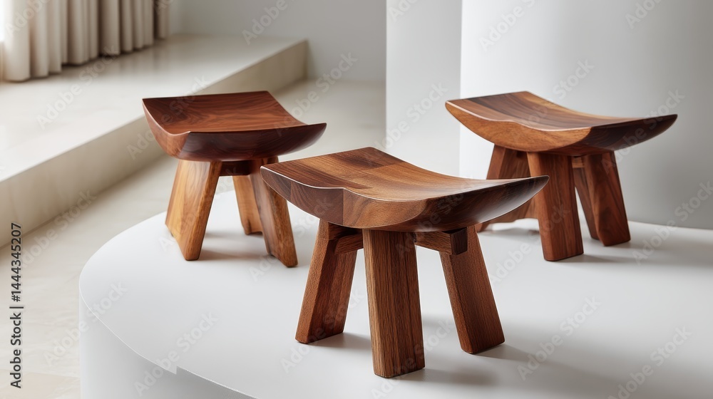 Aufkleber This wooden stool showcases a sleek curved seat and unique three-legged design, beautifully displayed against a pristine white background with ample copy space