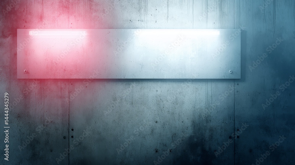 Aufkleber Bright neon rectangular frame casts colorful reflections on an old textured wall, creating a striking visual contrast with ample copy space on the right side